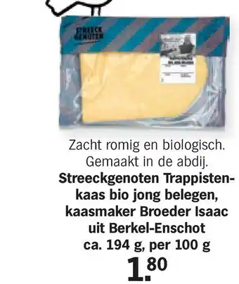 Albert Heijn Streeckgenoten Trappisten- kaas bio jong belegen, kaasmaker Broeder Isaac uit Berkel-Enschot ca. 194 g, per 100 g aanbieding