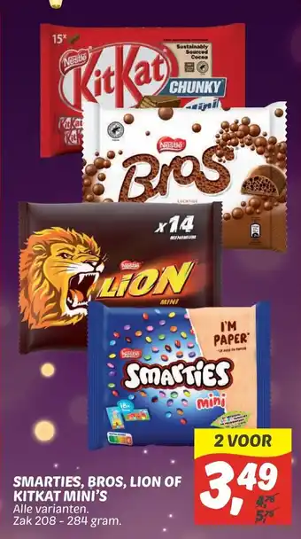 Dekamarkt Smarties, Bros, Lion Of Kitkat Mini's zak 208-284 gram aanbieding