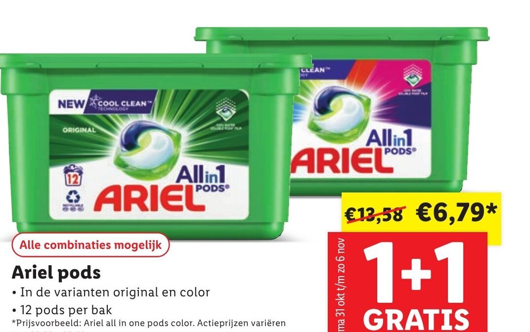 Ariel pods 12 pods per bak 1+1 gratis aanbieding bij Lidl