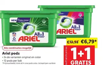 Lidl Ariel pods 12 pods per bak 1+1 gratis aanbieding