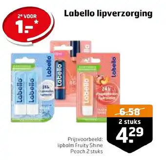 Trekpleister Labello lipbalm fruity shine peach 2 stuks aanbieding