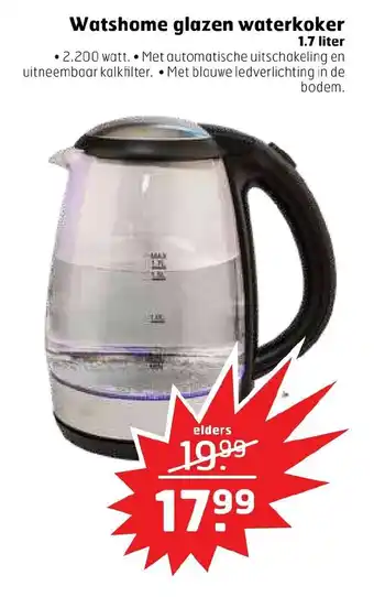 Trekpleister Watshome glazen waterkoker 1.7 liter aanbieding