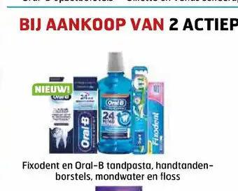 Trekpleister Fixodent en Oral-B tandpasta, handtanden- borstels, mondwater en floss aanbieding