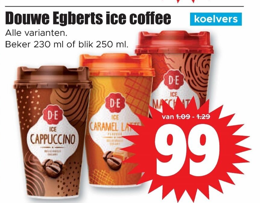 Douwe Egberts ice coffee beker 230 ml of blik 250 ml aanbieding bij Dirk