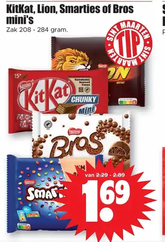 Dirk KitKat, Lion, Smarties of Bros mini's zak 208-284 gram aanbieding