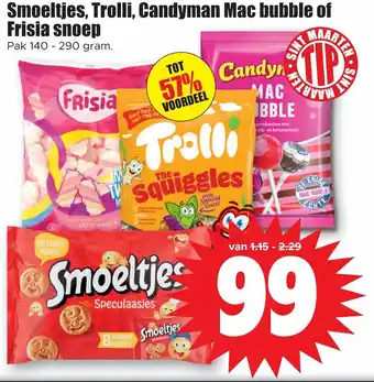 Dirk Smoeltjes, Trolli, Candyman Mac bubble of Frisia snoep pak 140-290 gram aanbieding