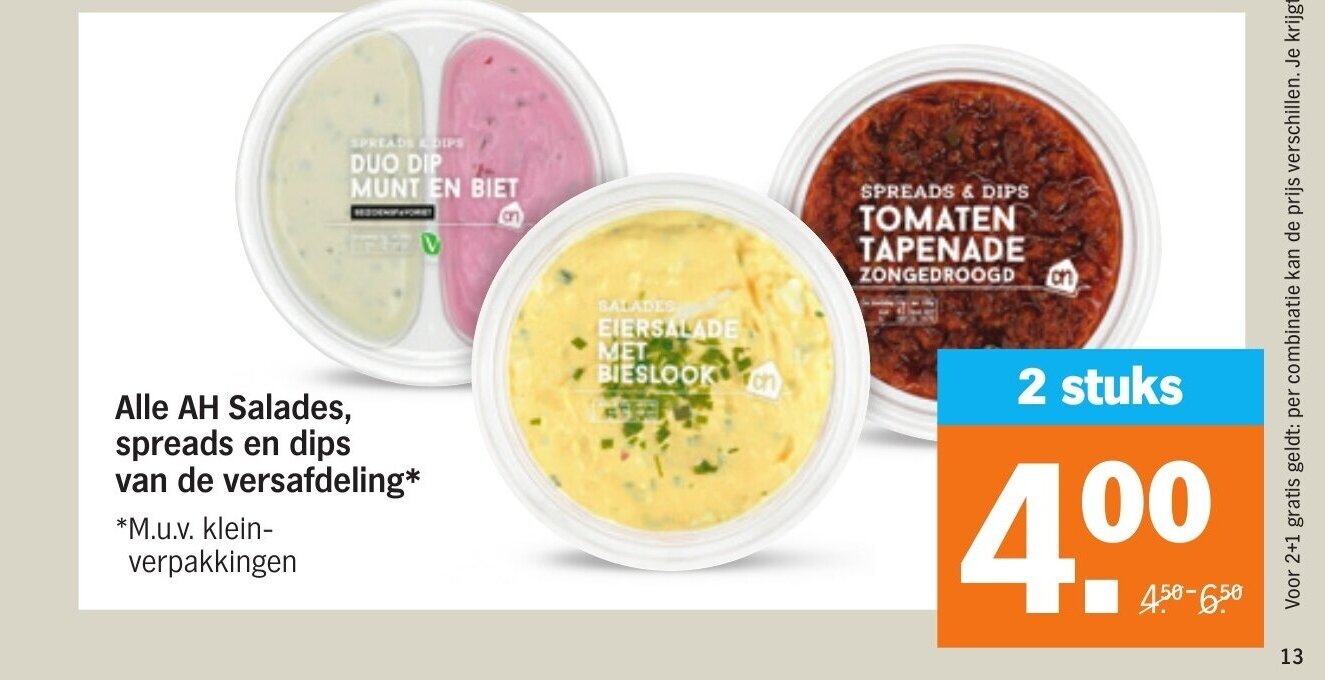 Alle AH Salades, spreads en dips van de versafdeling* aanbieding bij Albert Heijn