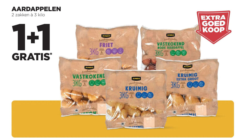 Aardappelen 3 kilo 1+1 gratis aanbieding bij Jumbo
