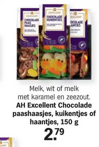 Albert Heijn AH Excellent Chocolade paashaasjes, kuikentjes of haantjes, 150 g aanbieding