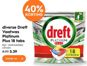 Blokker Dreft Vaatwas Platinum Plus 18 tabs aanbieding