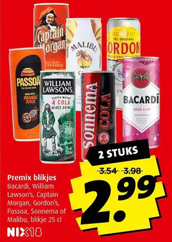 Boni Premix blikjes bacardi, william lawson's, captain morgan, gordon's, passoa, sonnema of malibu, blikje 25 cl aanbieding