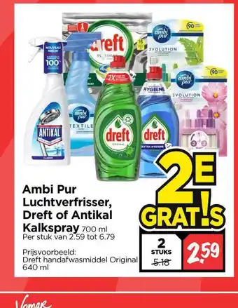 Vomar Voordeelmarkt Ambi Pur Luchtverfrisser, Dreft Of Antikal Kalkspray aanbieding