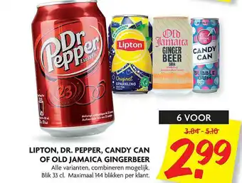 Dekamarkt Lipton, Dr. Pepper, Candy Can Of Old Jamaica Gingerbeer aanbieding