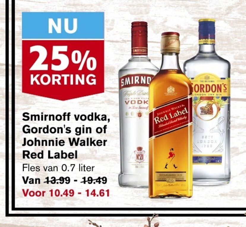 Smirnoff vodka, Gordon's gin of Johnnie Walker Red Label fles van 0.7 ...