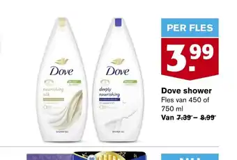 Hoogvliet Dove shower fles van 450 of 750 ml per fles aanbieding