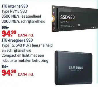 Makro Samsung 1TB Interne SSD Of 1TB Draagbare SSD aanbieding