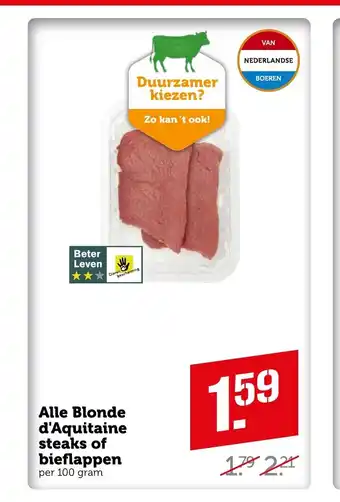 Coop Alle Blonde d'Aquitaine steaks of bieflappen per 100 gram aanbieding