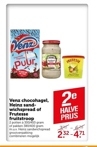 Coop Venz chocohagel, Heinz sandwichspread of Frutesse fruitstroop 2 potten a 300/450 gram aanbieding