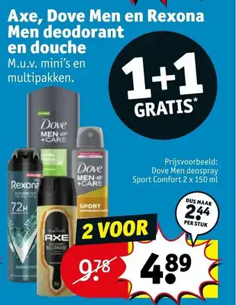 Kruidvat Axe, Dove, Dove Men en Rexona Men deodorant en douche 1+1 gratis aanbieding