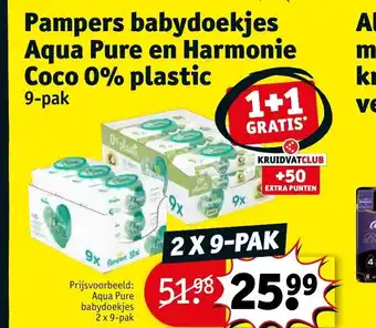 Kruidvat Pampers babydoekjes Aqua Pure en Harmonie Coco 0% plastic 1+1 gratis aanbieding