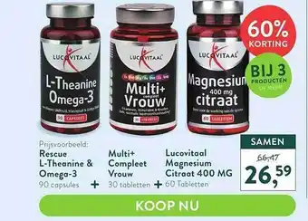 Holland & Barrett Lucovitaal rescue l-theanine & omega-3 + multi+ compleet vrouw + lucovitaal magnesium citraat 400 mg aanbieding