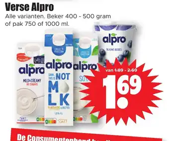 Dirk Verse Alpro beker 400-500 gram of pak 750 of 1000 ml aanbieding