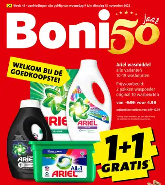 Boni Ariel wasmiddel 1+1 gratis aanbieding