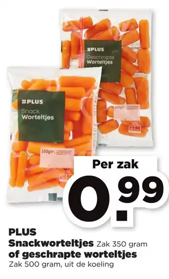 PLUS PLUS Snackworteltjes 350g of geschrapte worteltjes 500g aanbieding