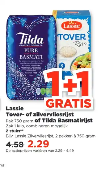 PLUS Lassie tover- of zilvervliesrijst pak 750 gram of tilda basmatirijst aanbieding