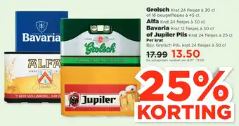 PLUS Grolsch krat 24 flesjes à 30 cl of 16 beugelflesjes à 45 cl, alfa krat 24 flesjes à 30 cl, bavaria krat 12 flesjes à 30 cl of aanbieding