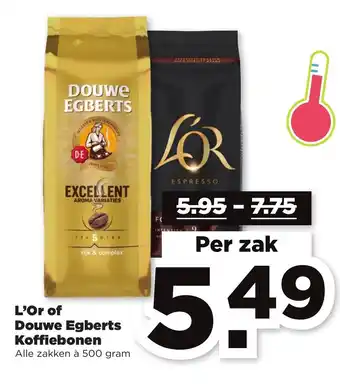 PLUS Douwe Egberts of L'OR koffiebonen 2*500g aanbieding