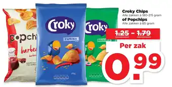 PLUS Croky chips 180-215g of Popcorn 85g aanbieding