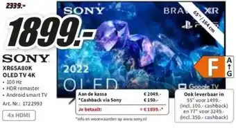 MediaMarkt Sony xr65a80k oled tv 4k . 100 hz aanbieding