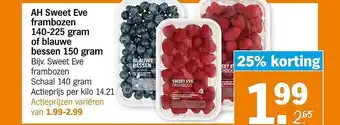 Albert Heijn AH Sweet Eve Frambozen 140-225 Gram Of Blauwe Bessen 150 Gram 25% Korting aanbieding