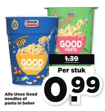 PLUS Alle Unox Good noodles of pasta in beker aanbieding