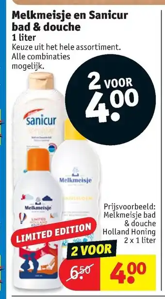 Kruidvat Melkmeisje en Sanicur bad & douche 2*1L aanbieding