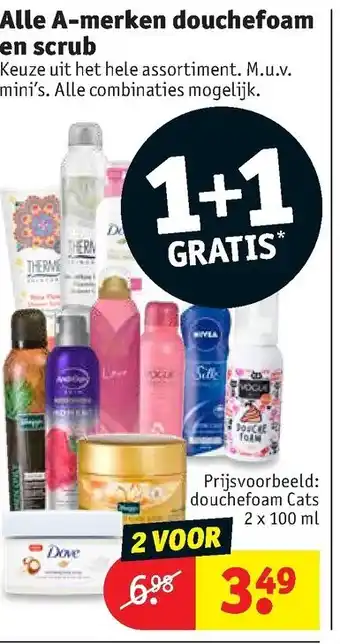 Kruidvat A-merk douchefoam en scrub 1+1 aanbieding