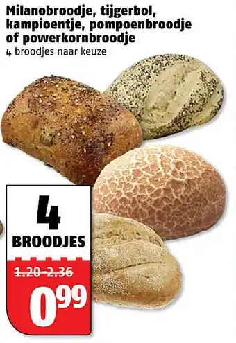 Poiesz Milanobroodje, tijgerbol, kampioentje, pompoenbroodje of powerkornbroodje aanbieding