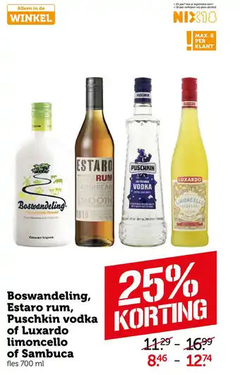 Coop Boswandeling, Estaro rum, Puschkin vodka of Luxardo limoncello of Sambuca aanbieding