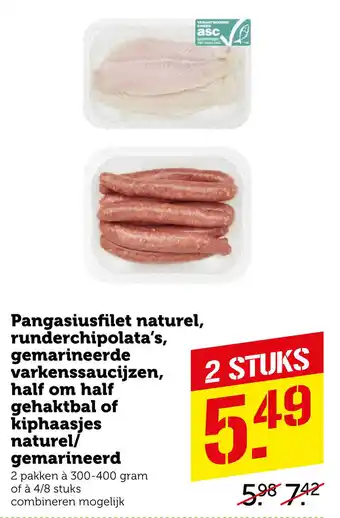 Coop Pangasiusfilet naturel runderchipolata's, gemarineerde varkenssaucijzen, half om half gehaktbal of kiphaasjes naturel/ gemari aanbieding