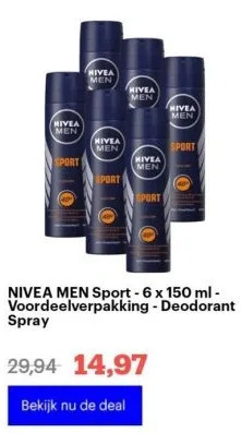 Bol.com Nivea men sport - 6 x 150 ml - voordeelverpakking - deodorant spray aanbieding