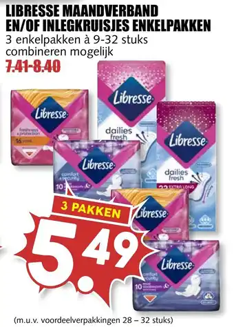 MCD Supermarkt Libresse maandverband of inlegkruisjes enkelpakken 3*9-32st aanbieding