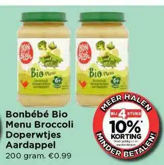 Vomar Voordeelmarkt Bonbébé bio menu broccoli doperwtjes aardappel 200 gram aanbieding