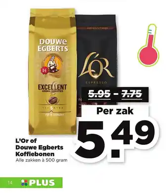 PLUS L'or of douwe egberts koffiebonen 500 gram aanbieding