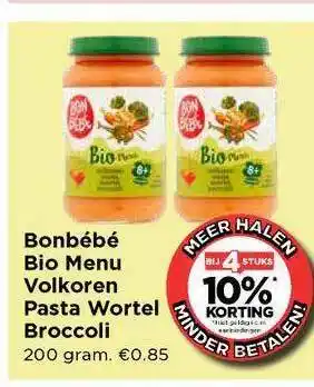 Vomar Voordeelmarkt Bonbébé bio menu volkoren pasta wortel broccoli 200 gram aanbieding