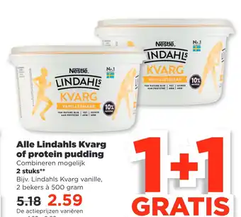 PLUS Alle lindahls kvarg of protein pudding aanbieding