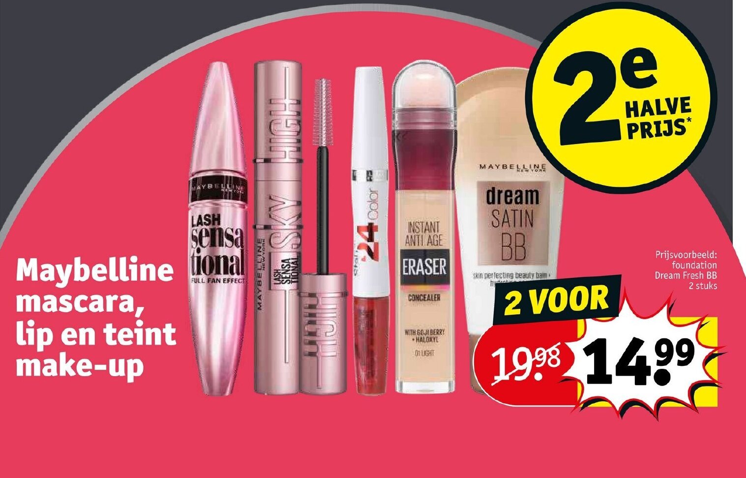 Maybelline mascara, lip en teint makeup aanbieding bij Kruidvat