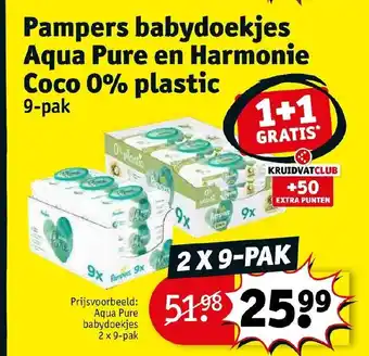 Kruidvat Pampers babydoekjes Aqua Pure en Harmonie Coco 0% plastic p-pak 1+1 gratis aanbieding