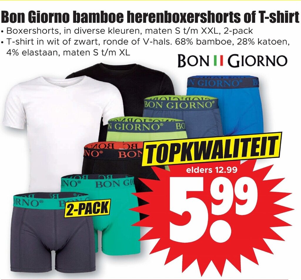 Bon Giorno bamboe herenboxershorts of Tshirt aanbieding bij Dirk