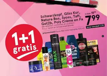 Etos Schwarzkopf, Gliss Kur, Nature Box, Syoss, Taft, Got2b, Poly Creme en Fa 1+1 Gratis aanbieding